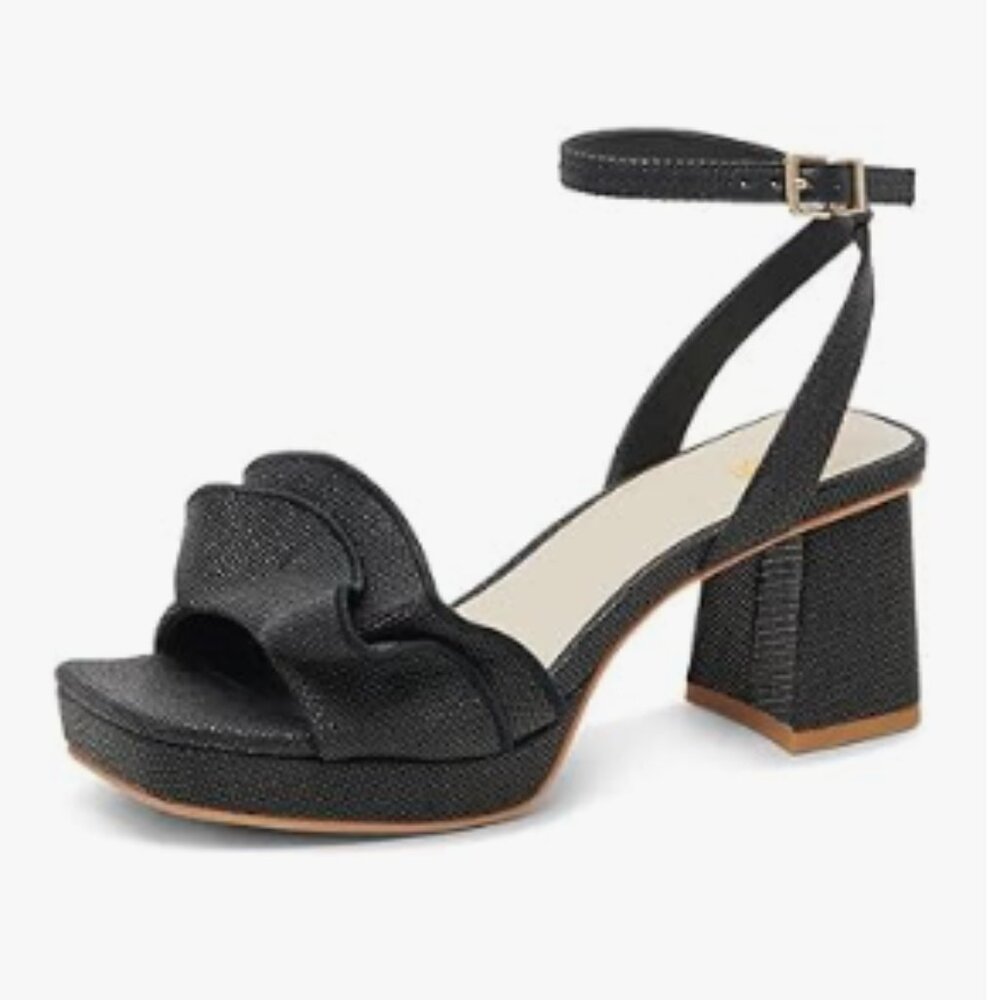 Pazzion Black Platform Square Toe Pleated Ruffle Chunky High Heel Sandals